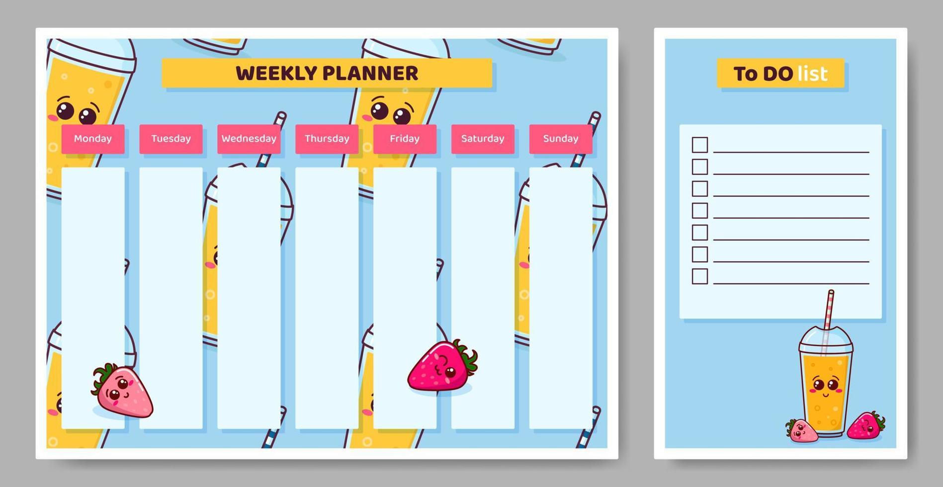Weekly planner for kids. Child schedule for week and to do list with strawberries and cocktails. Calendar for elementary school student. Vector illustration