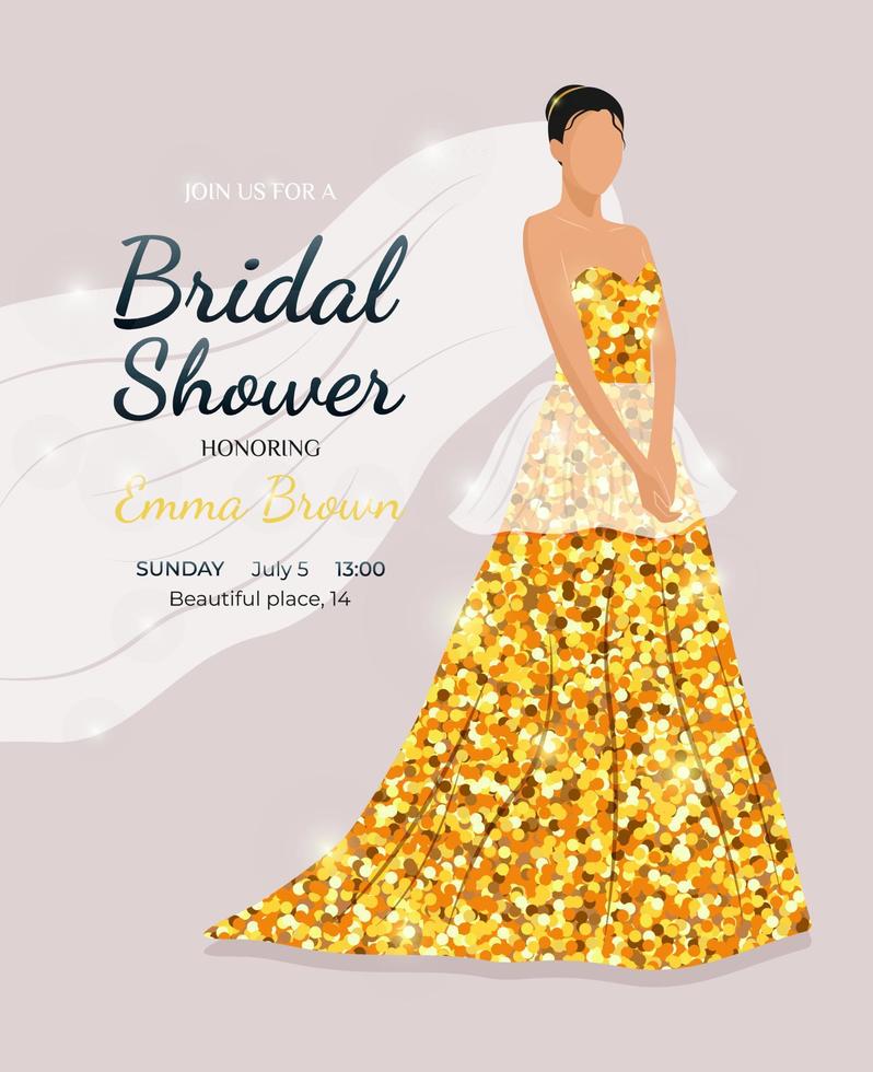 luxurious and elegant Bridal Shower invitation card. Beautiful bride in fashionable wedding dress with gold tinsel and bridal veil. Vector illustration