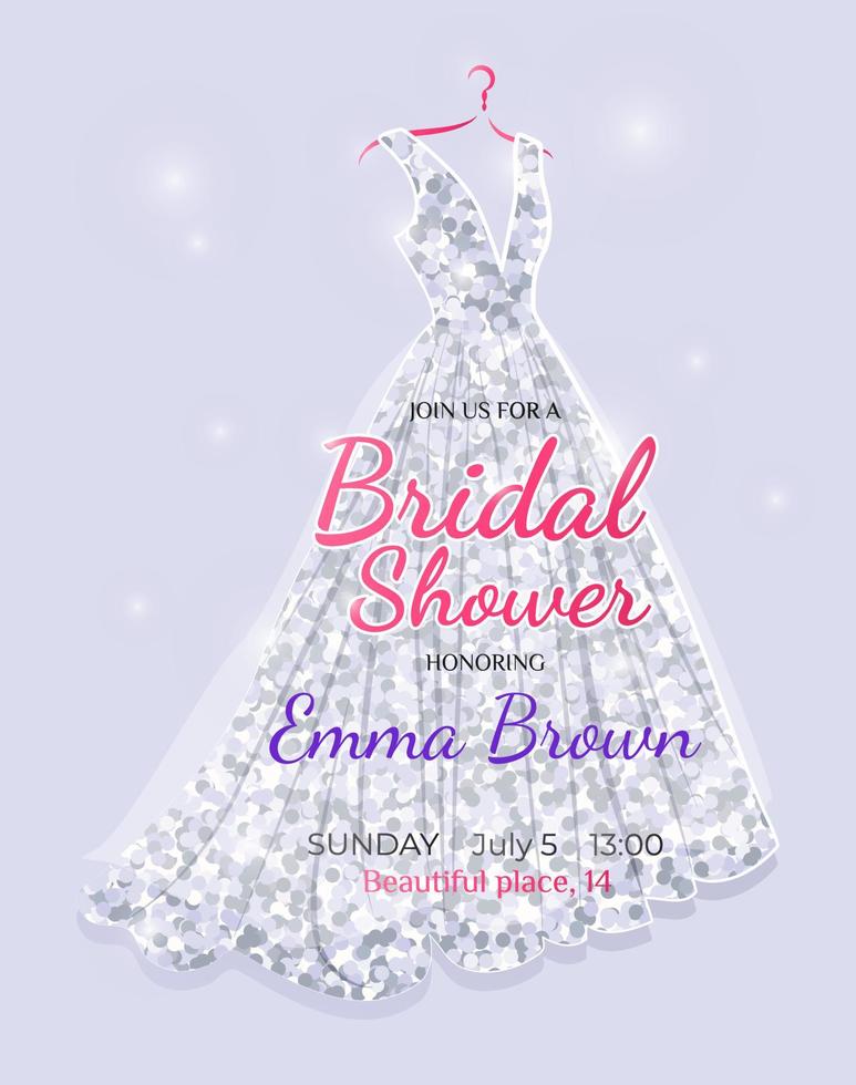 luxurious and elegant Bridal Shower invitation card. Fashionable wedding dress with silver tinsel on a clothes hanger. Vector illustration