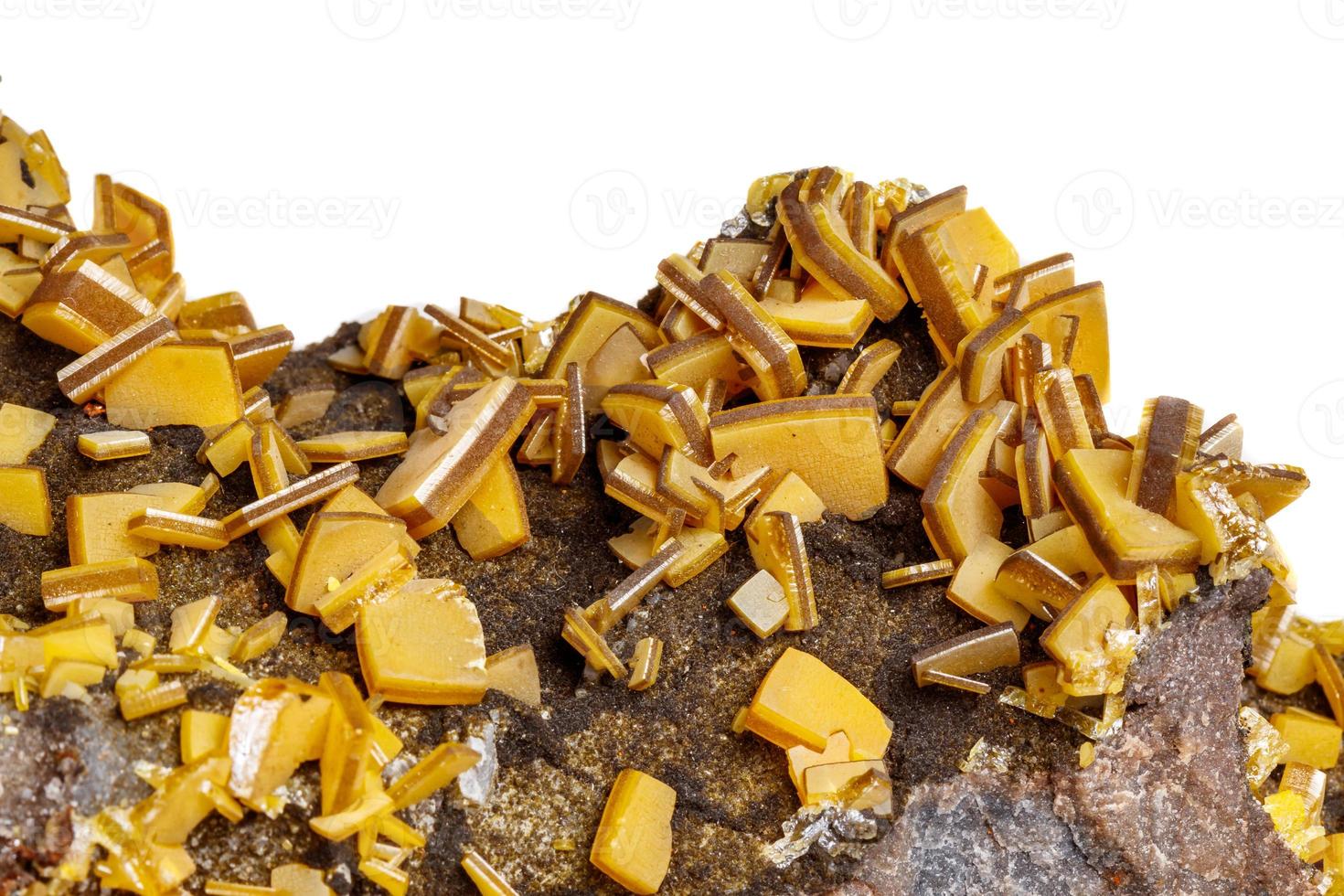 Macro mineral stone yellow Wulfenite on a white background photo