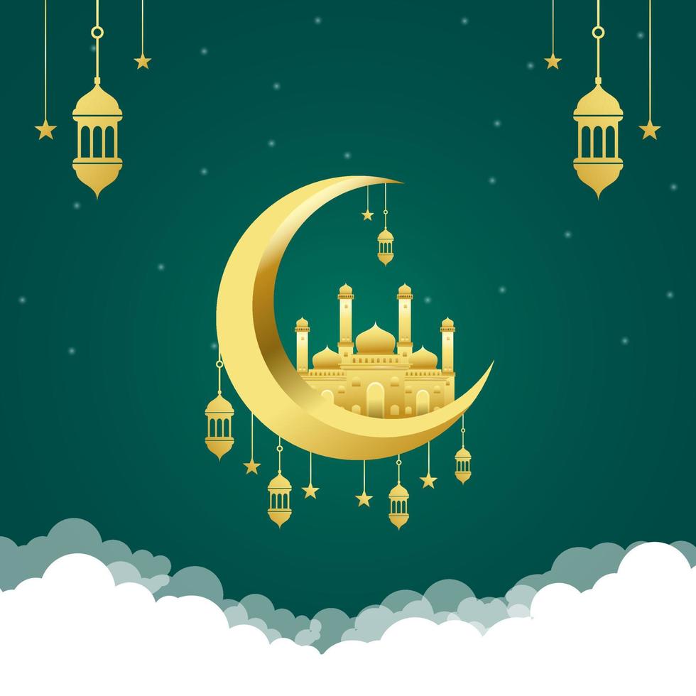 Golden shiny moon with hanging lantern and mosque Ramadan Kareem vector