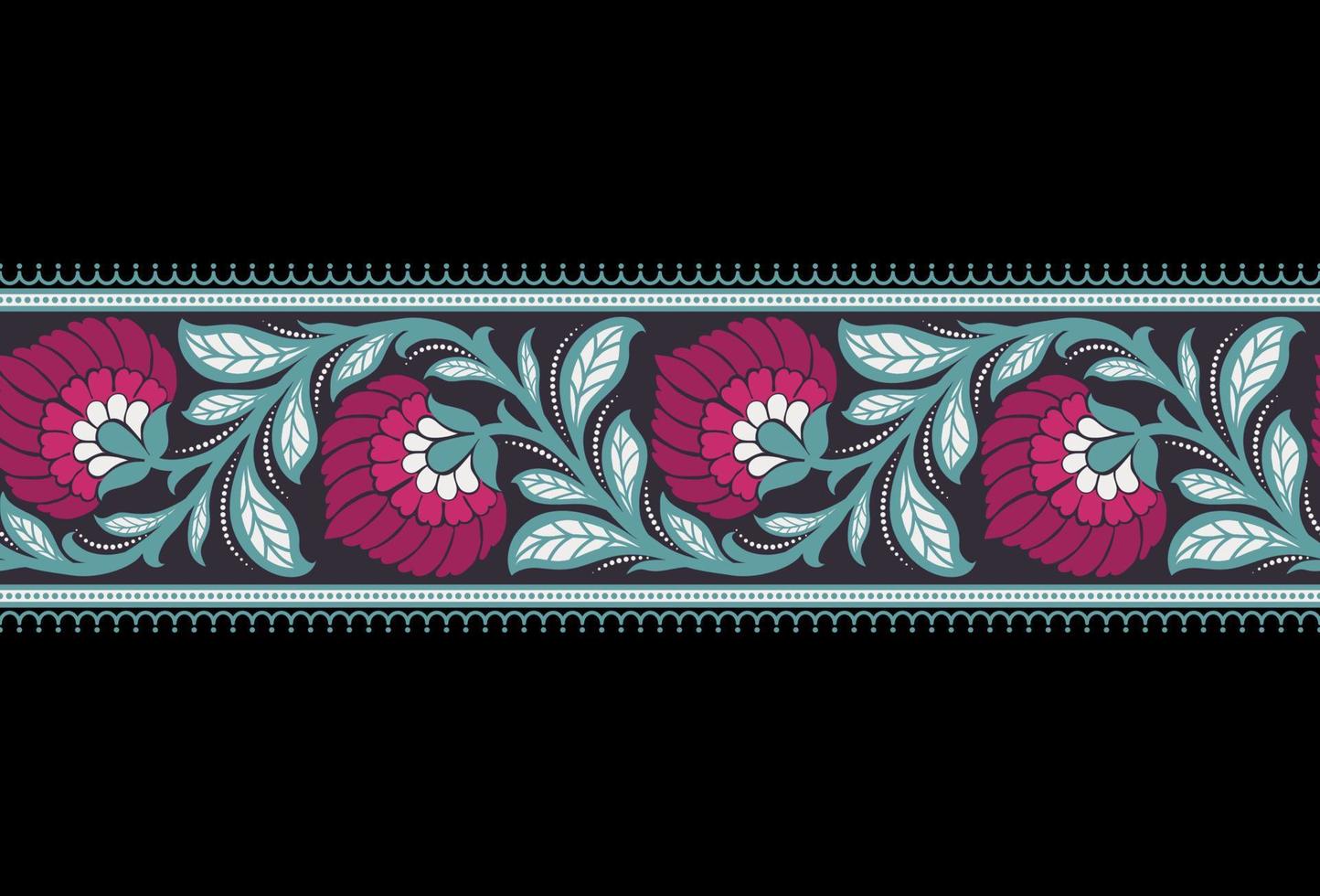 Ethnic Seamless borders and flower ornament, motif draws working illustration flowers and  ornament motif India design elements Neckline pattern or, repeat the floral texture vector