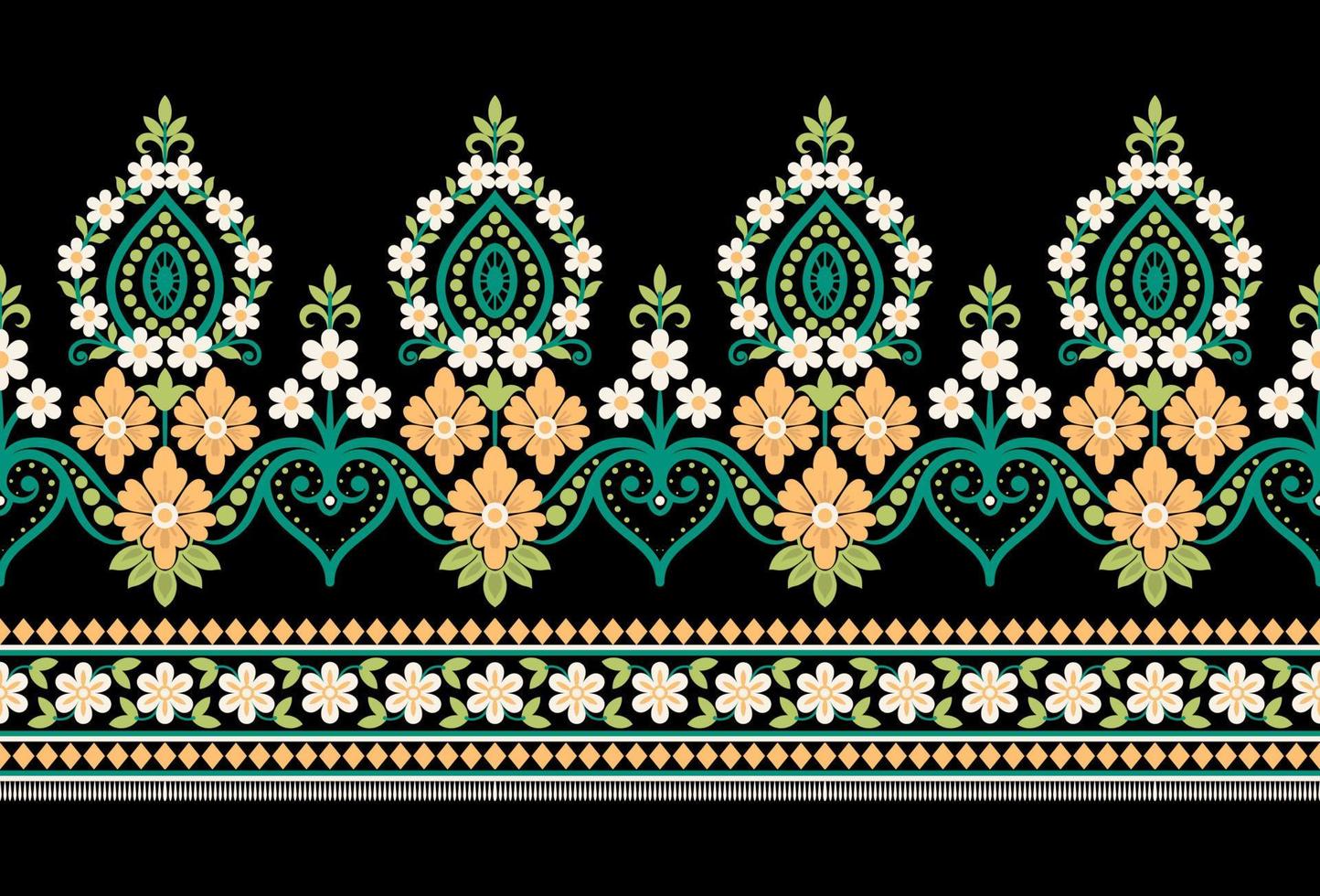 Ethnic Seamless borders and flower ornament, motif draws working illustration flowers and  ornament motif India design elements Neckline pattern or, repeat the floral texture vector