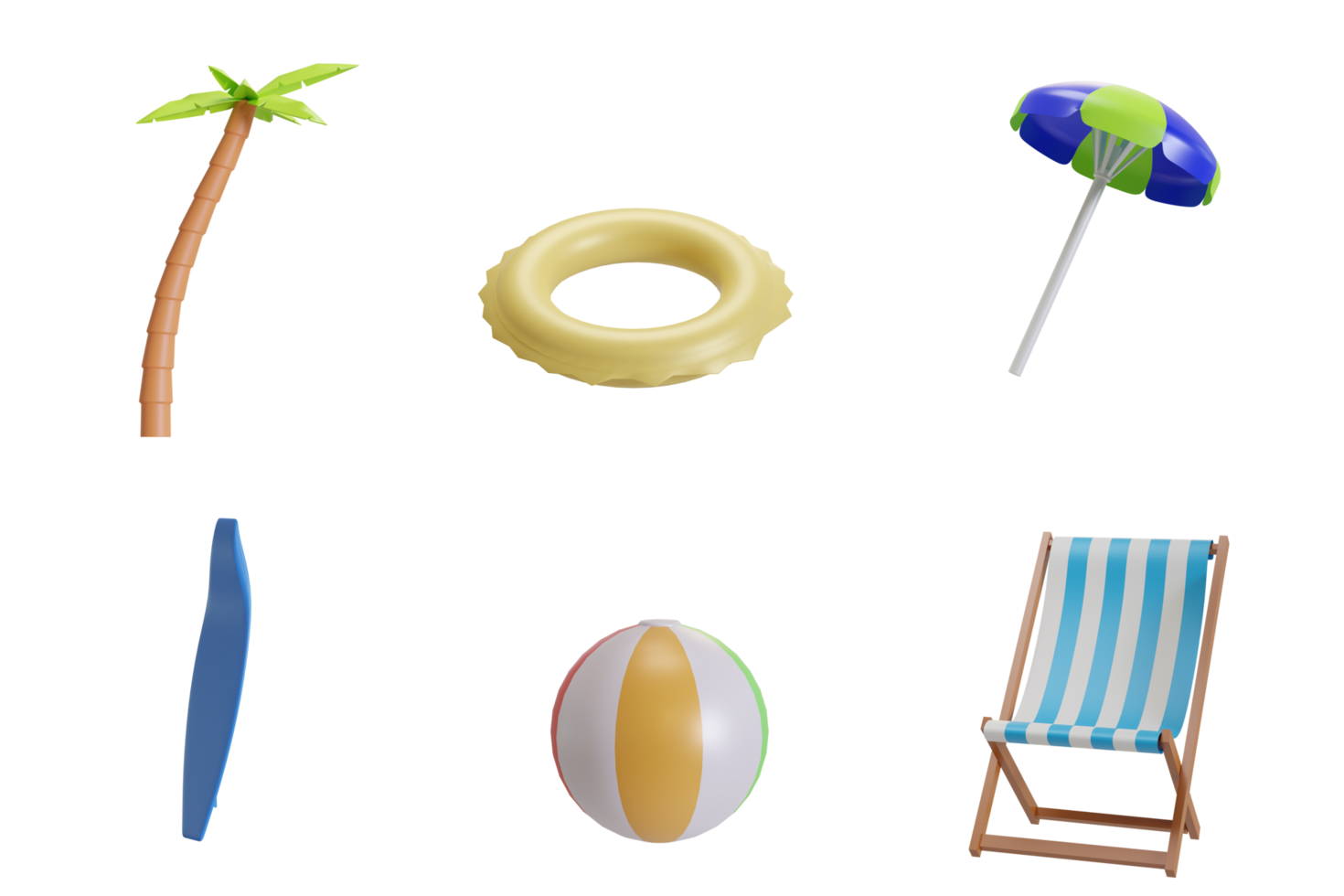 3d elements of summer beach objects. Items used for sunbathing, outdoor activities, or leisure recreation png