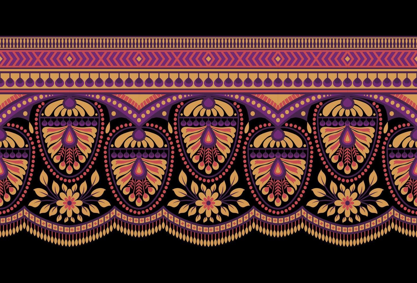 Ethnic Seamless borders and flower ornament, motif draws working illustration flowers and  ornament motif India design elements Neckline pattern or, repeat the floral texture vector