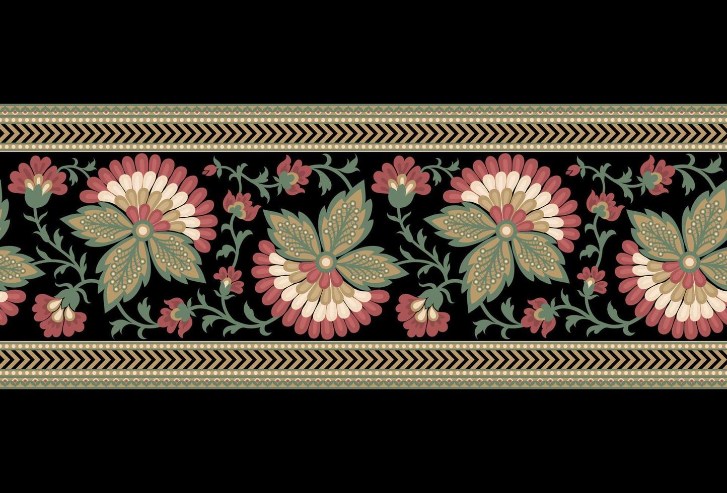 Ethnic Seamless borders and flower ornament, motif draws working illustration flowers and  ornament motif India design elements Neckline pattern or, repeat the floral texture vector