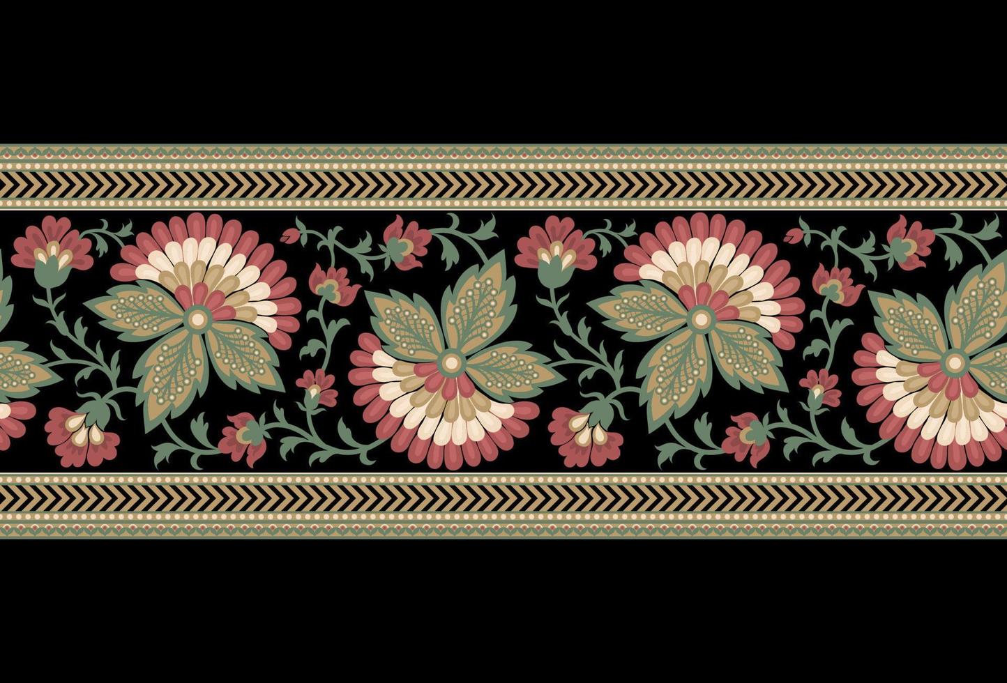 Ethnic Seamless borders and flower ornament, motif draws working illustration flowers and  ornament motif India design elements Neckline pattern or, repeat the floral texture vector