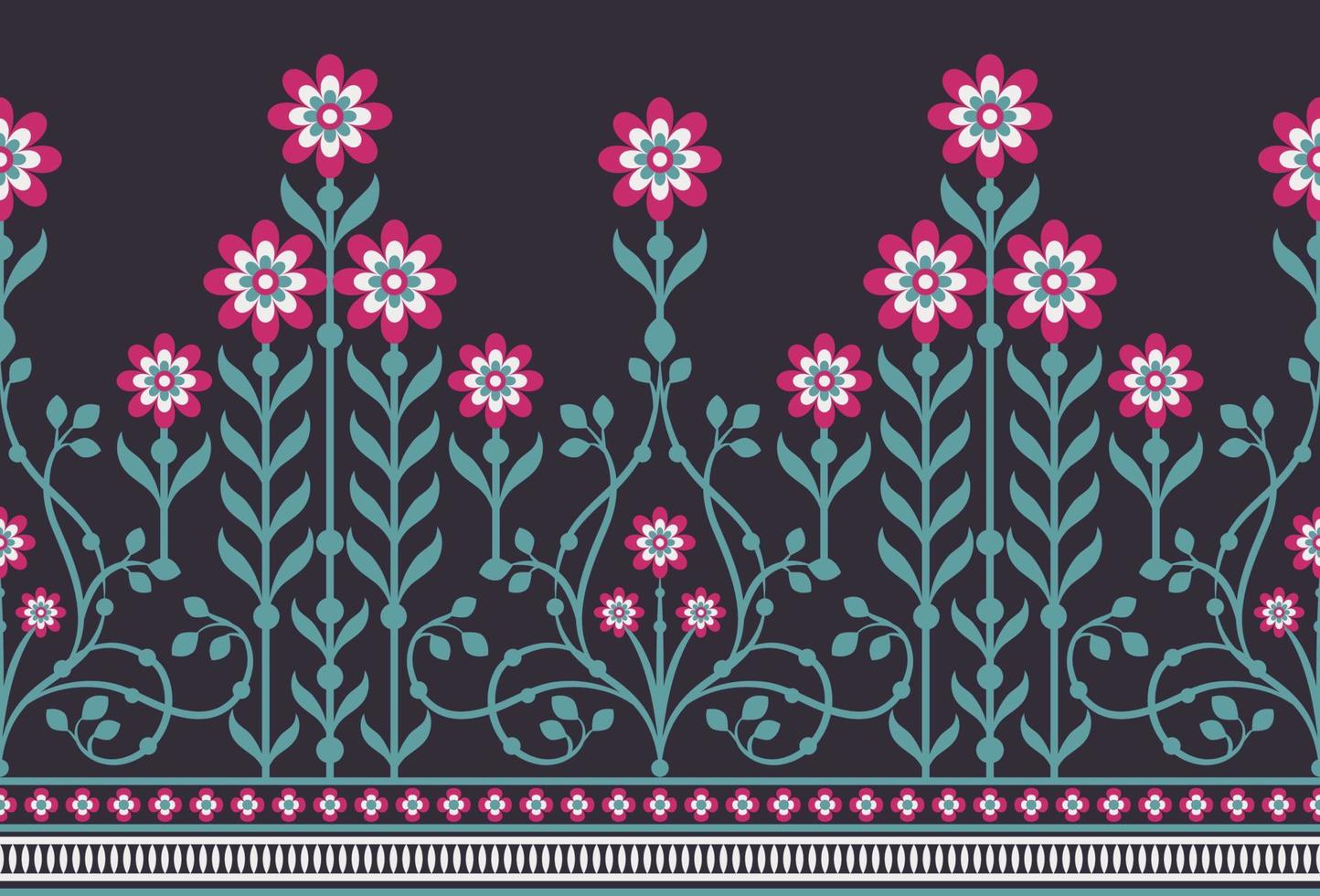 Ethnic Seamless borders and flower ornament, motif draws working illustration flowers and  ornament motif India design elements Neckline pattern or, repeat the floral texture vector