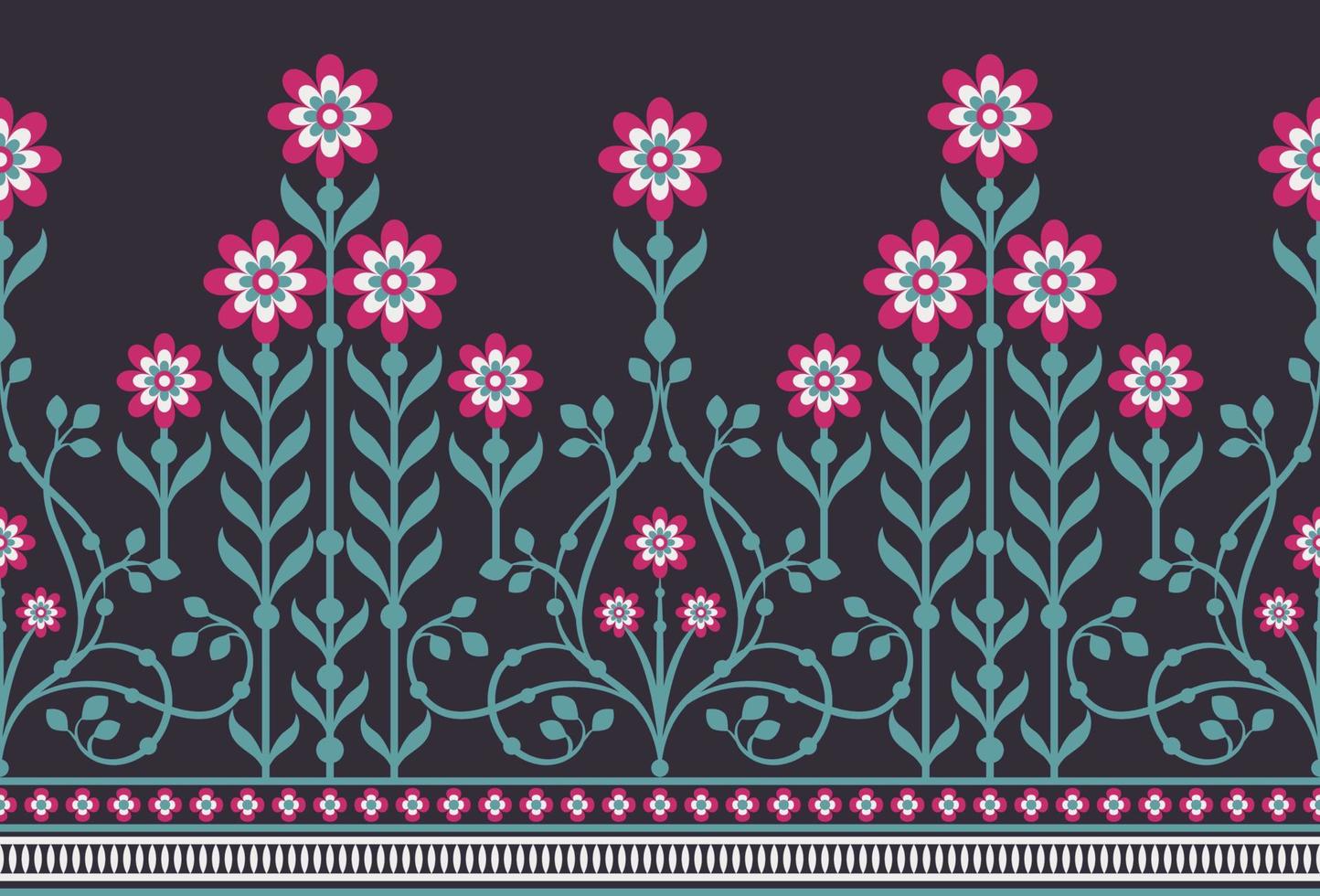 Ethnic Seamless borders and flower ornament, motif draws working illustration flowers and  ornament motif India design elements Neckline pattern or, repeat the floral texture vector