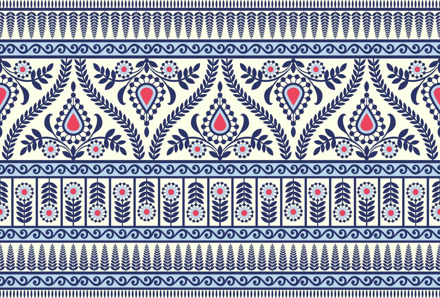Ethnic Seamless borders and flower ornament, motif draws working illustration flowers and  ornament motif India design elements Neckline pattern or, repeat the floral texture vector