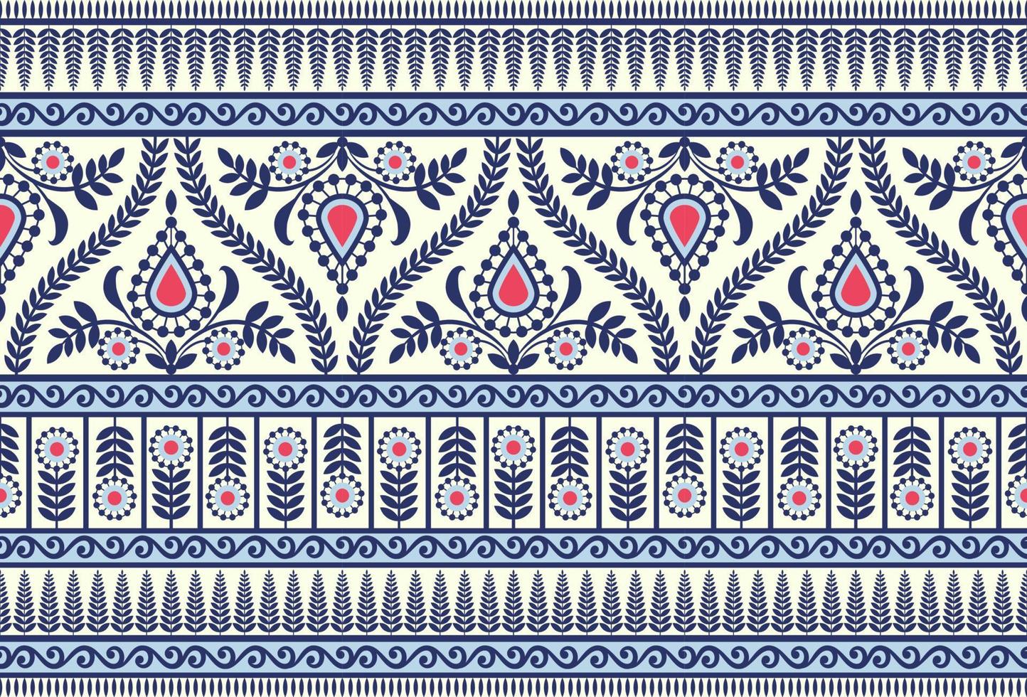 étnico sin costura fronteras y flor ornamento, motivo sorteos trabajando ilustración flores y ornamento motivo India diseño elementos escote modelo o, repetir el floral textura vector