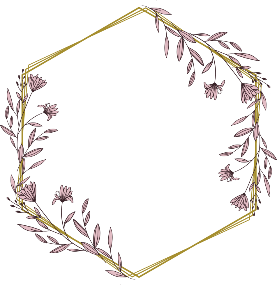 Gold Hexagon frame minimalist floral wreath or hexagon floral frame png