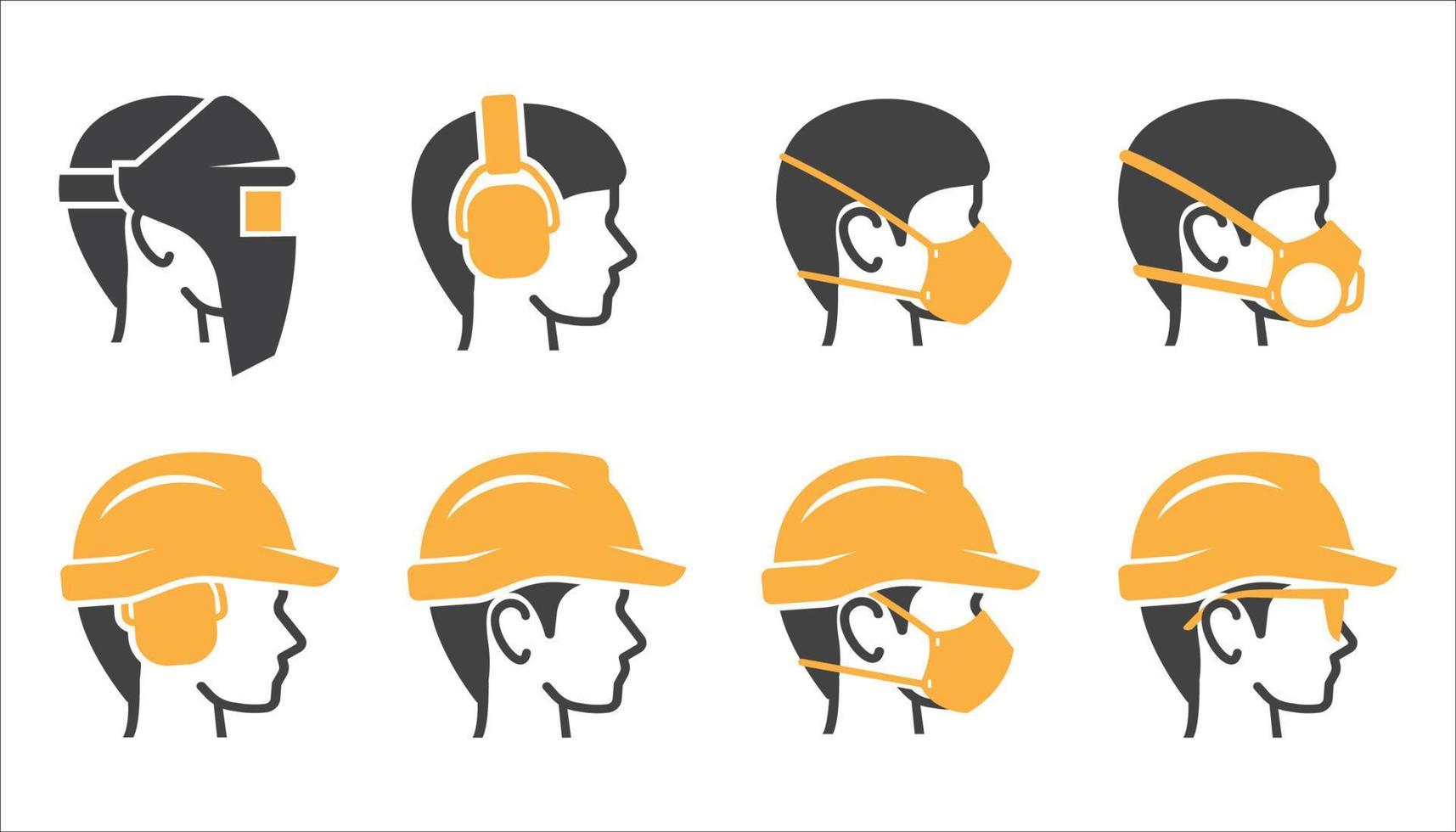 construcción trabajador icono colocar. la seguridad hombre icono colocar. la seguridad casco, anteojos, oído proteccion, mascarilla, soldadura máscara icono. vector ilustración