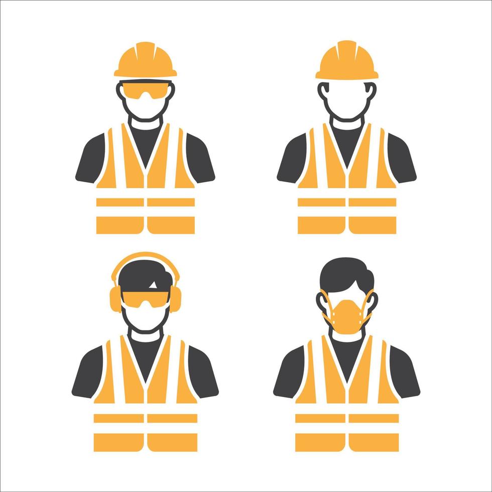 Construction Worker Icon vector set. Safety icon Avatar set. Builder man in a helmet, safety glasses, mask, safety vest, ear protection icon. vector illustration
