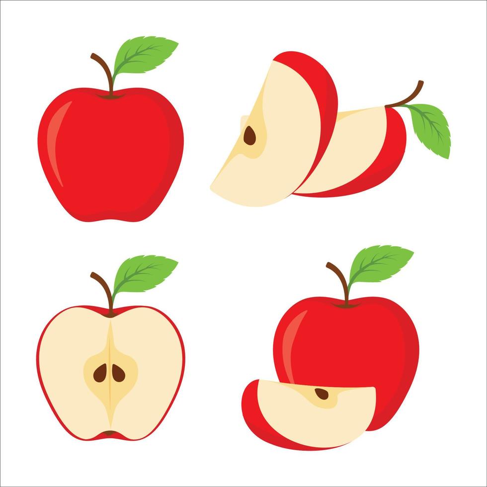 Apple fruit vector set. Set of apples and sliced apples isolated on white background. Whole, half, slice of red apple fruit with green leaves. Vector illustration