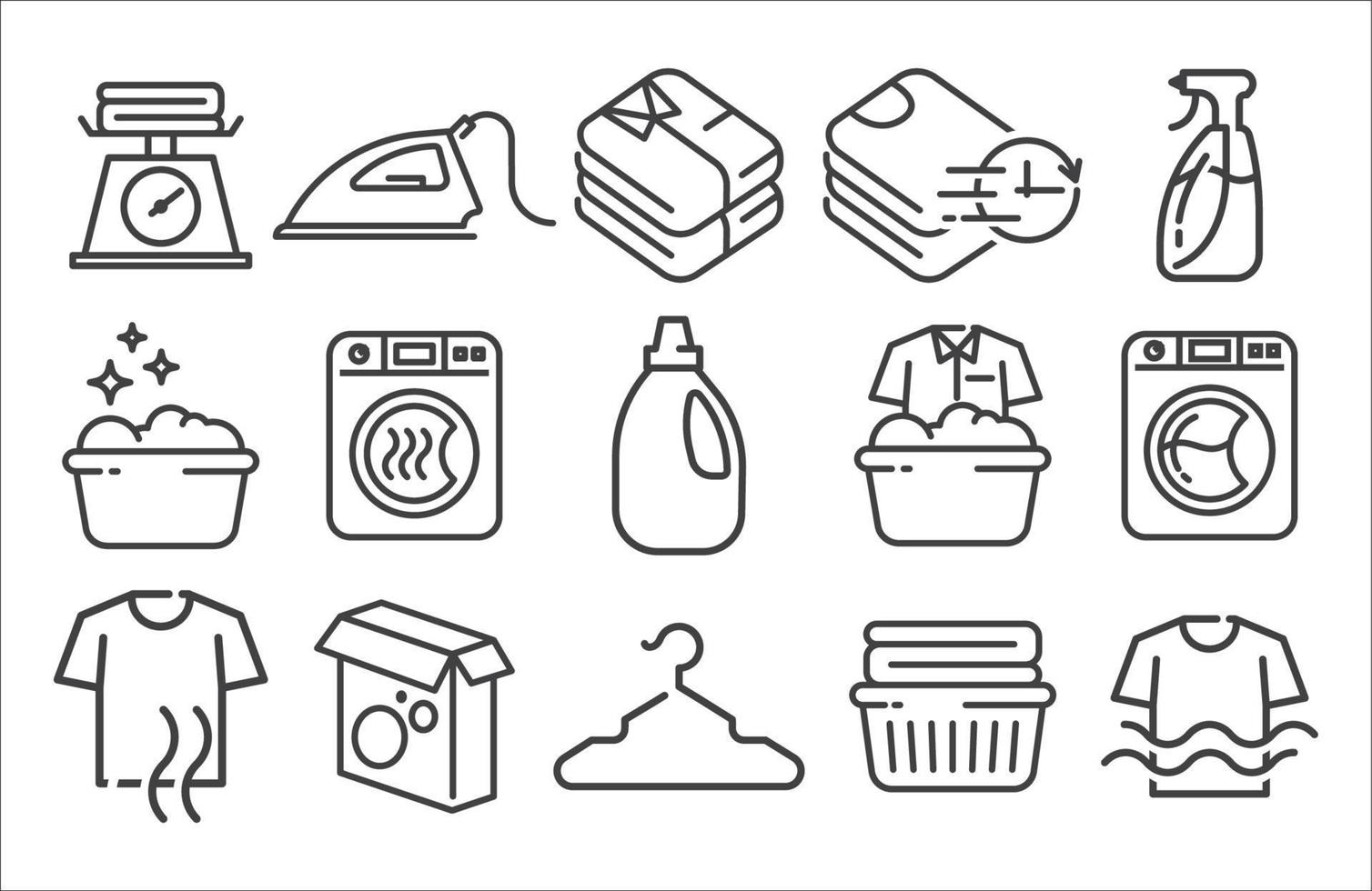 Laundry linear icon set. Dryer, Washing machine shirt, hand washing, soap, detergent, iron, laundry service icon set. Linear icon set. Vector illustration