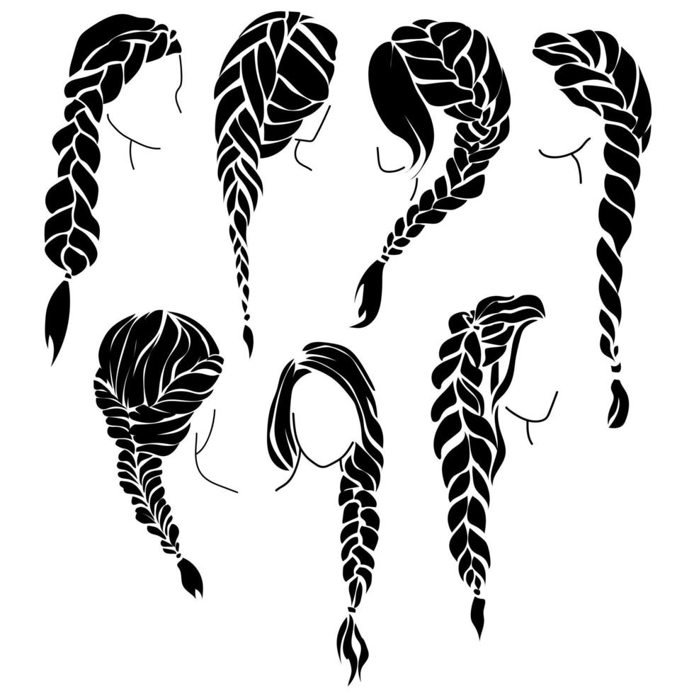 Set of braids silhouettes, beautiful female hairstyle with braiding vector