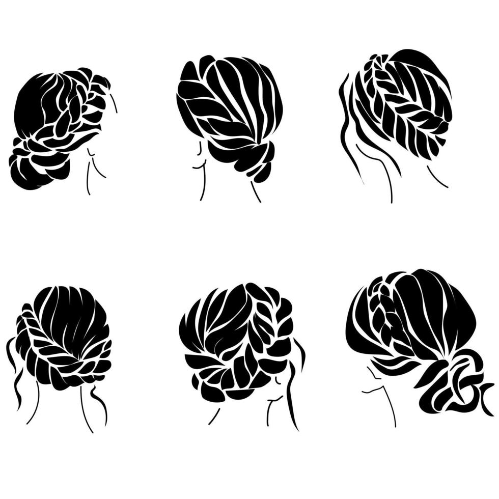 Braided hairstyle set of silhouettes, womens stylish hairstyles with curls and waves vector