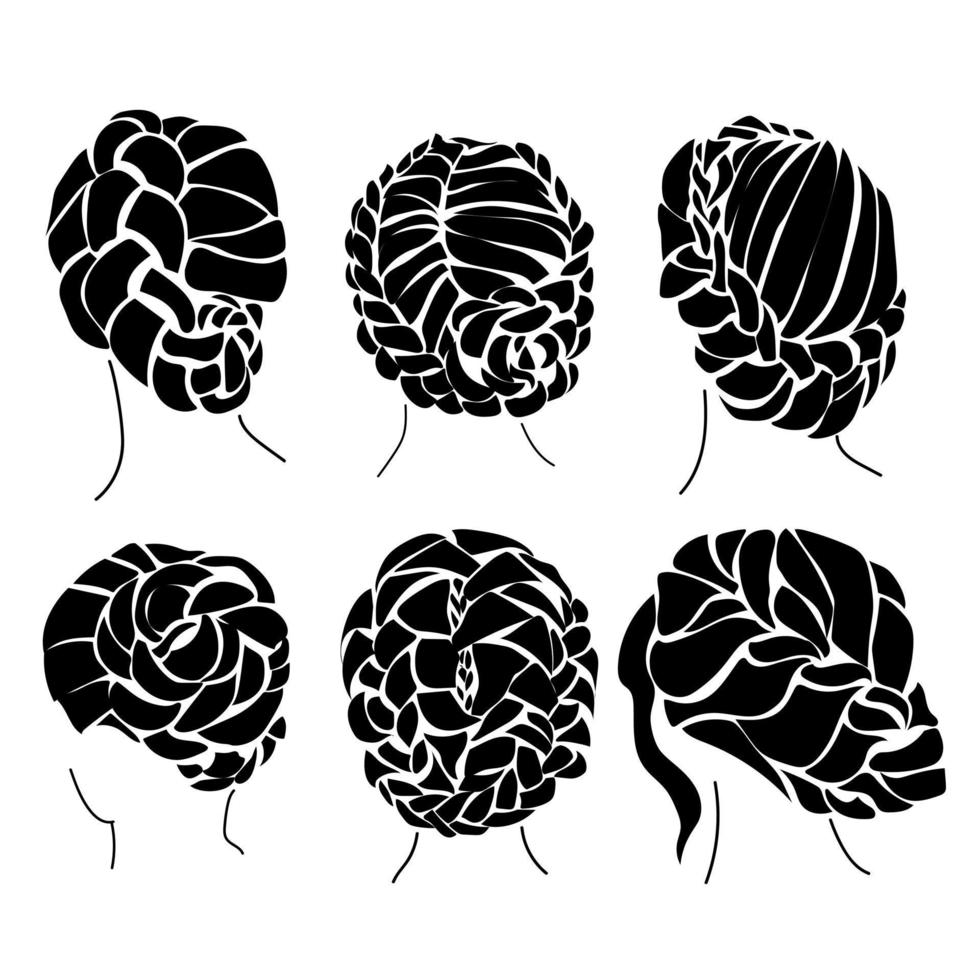 Set of silhouettes of hairstyles based on weaving, stylish shells and buns using braids vector