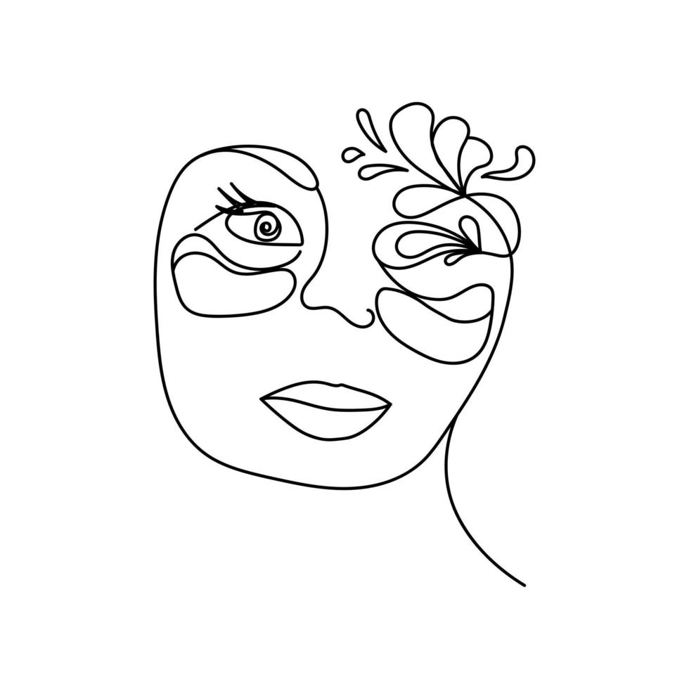 Portrait of a girl line art, patches under the eyes and a female image with a doodle bouquet vector