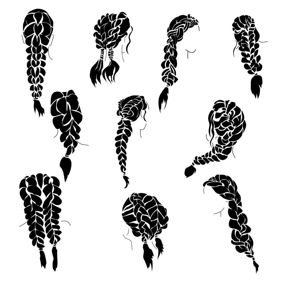 Set of braids silhouettes, beautiful female hairstyle with braiding vector