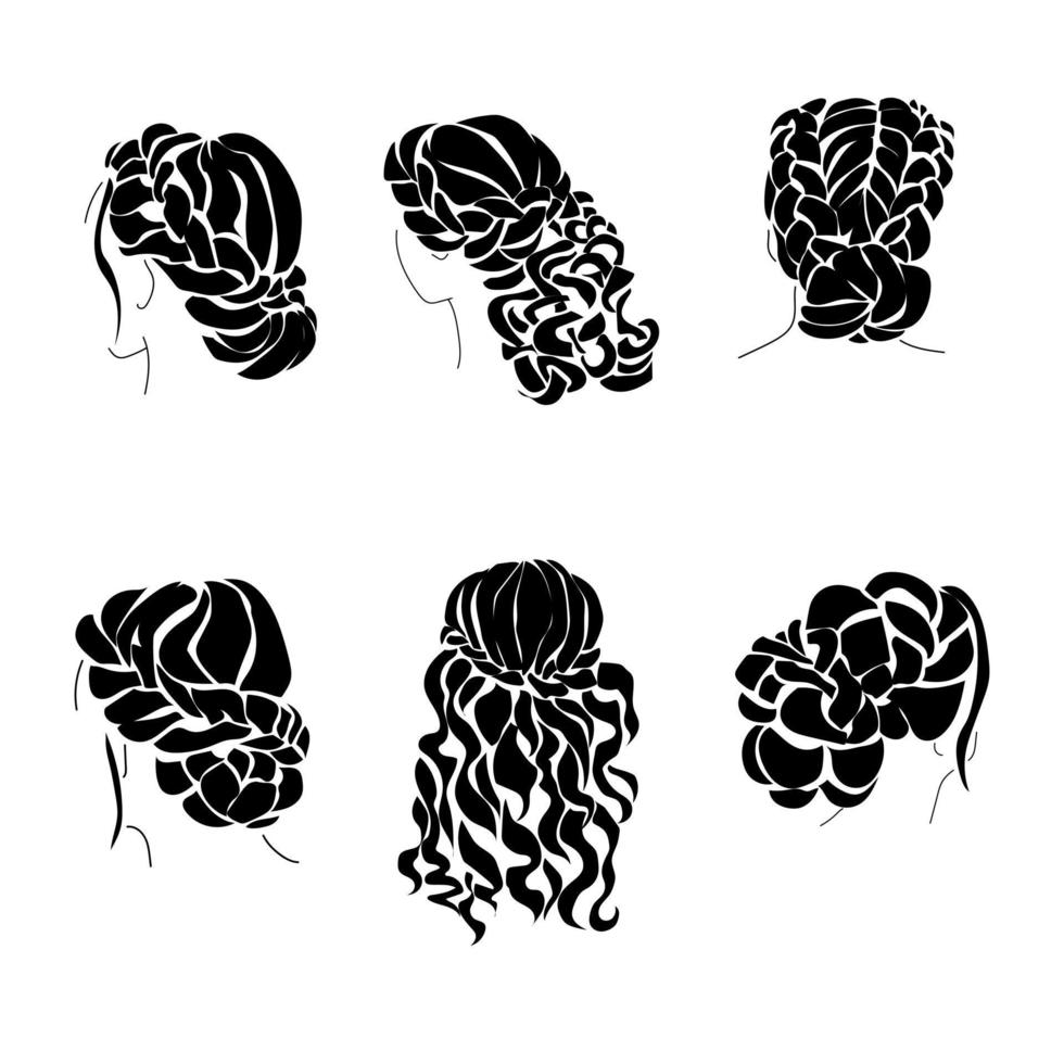 Set of hairstyles silhouettes with wavy hair and braiding, womens trendy styling vector