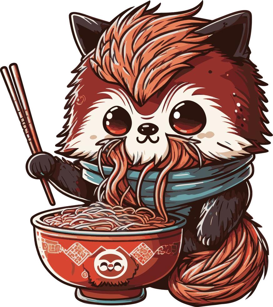 linda dibujos animados mapache perro comiendo ramen vector