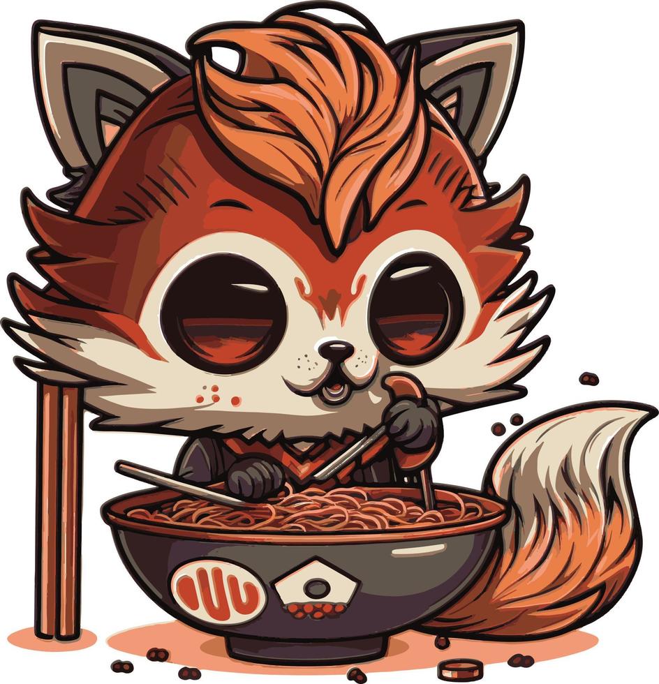 cute cartoon raccoon dog eating Ramen vector