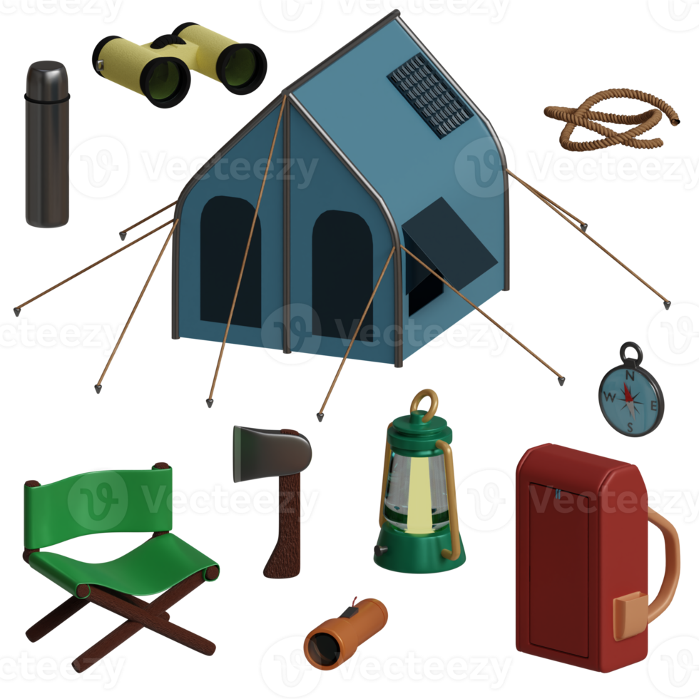 3d camping set includes tent, binoculars, rope, axe, chair, backpack, lantern, flashlight, flask and compass perfect for design project png