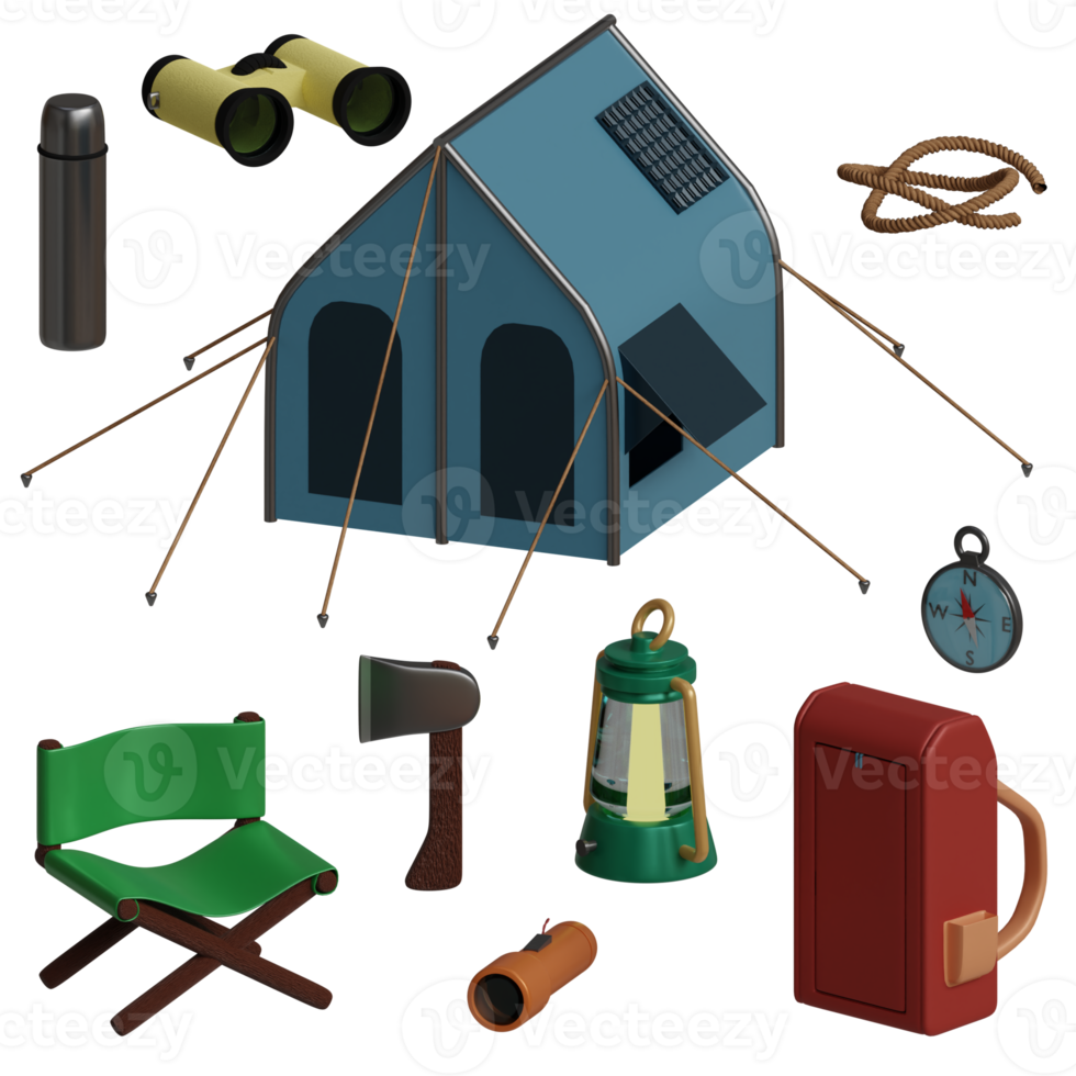 3d camping reeks omvat tent, verrekijker, touw, bijl, stoel, rugzak, lantaarn, zaklamp, fles en kompas perfect voor ontwerp project png