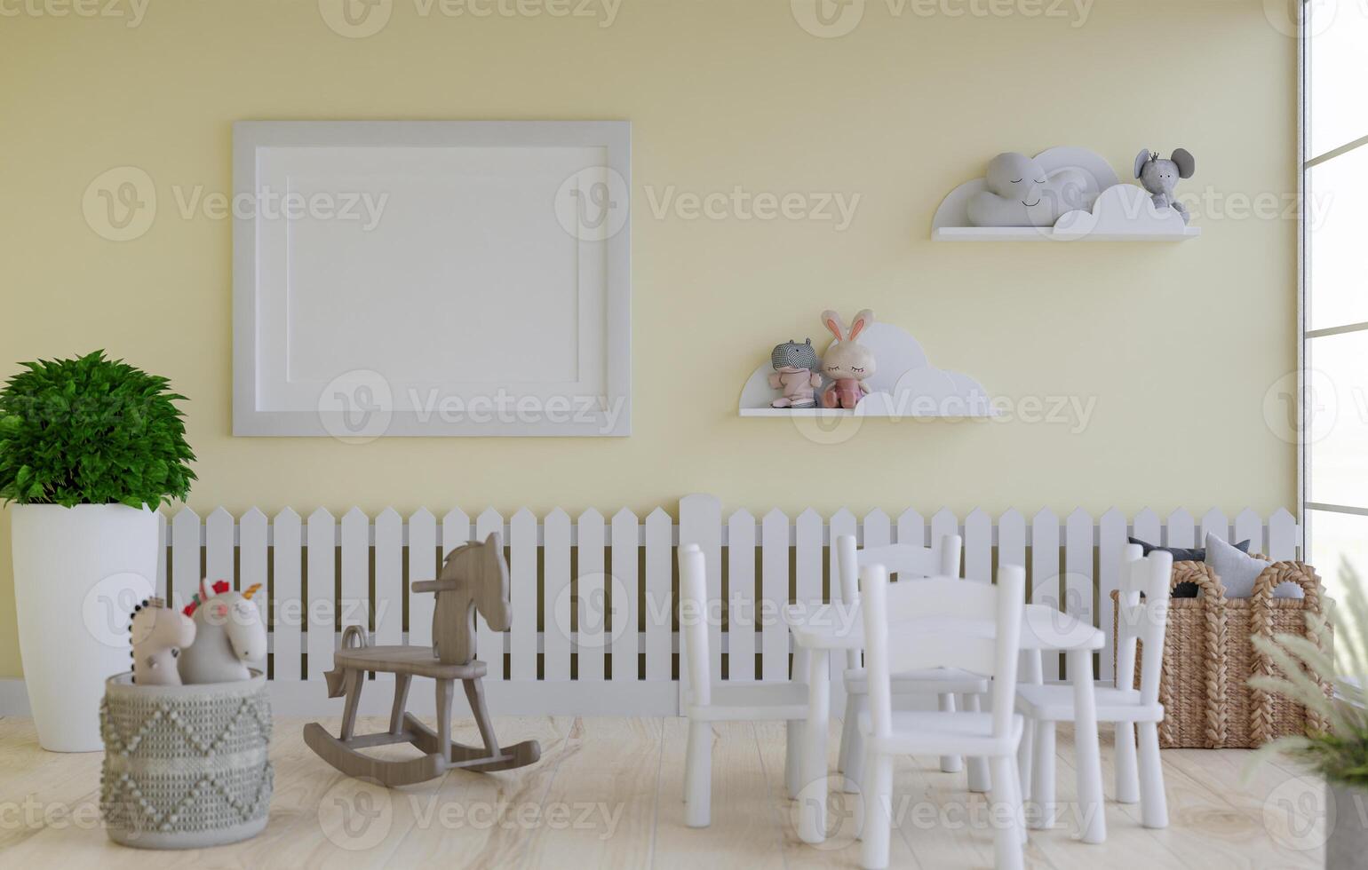 Tablero blanco en blanco de maqueta 3d en la representación de la habitación de los niños foto