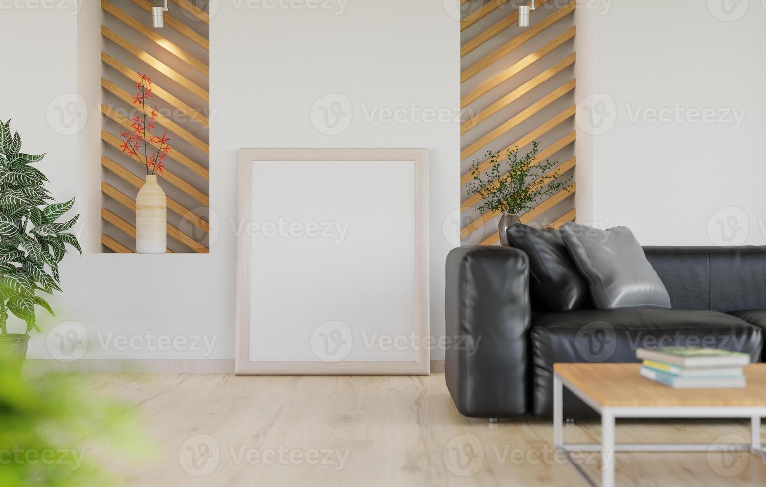 3D mockup blank photo frame in living room rendering