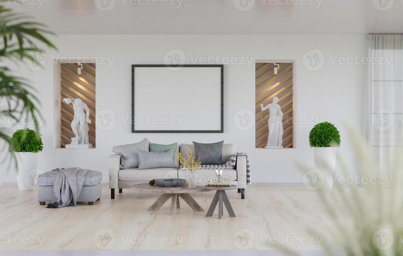 3D mockup blank photo frame in living room rendering