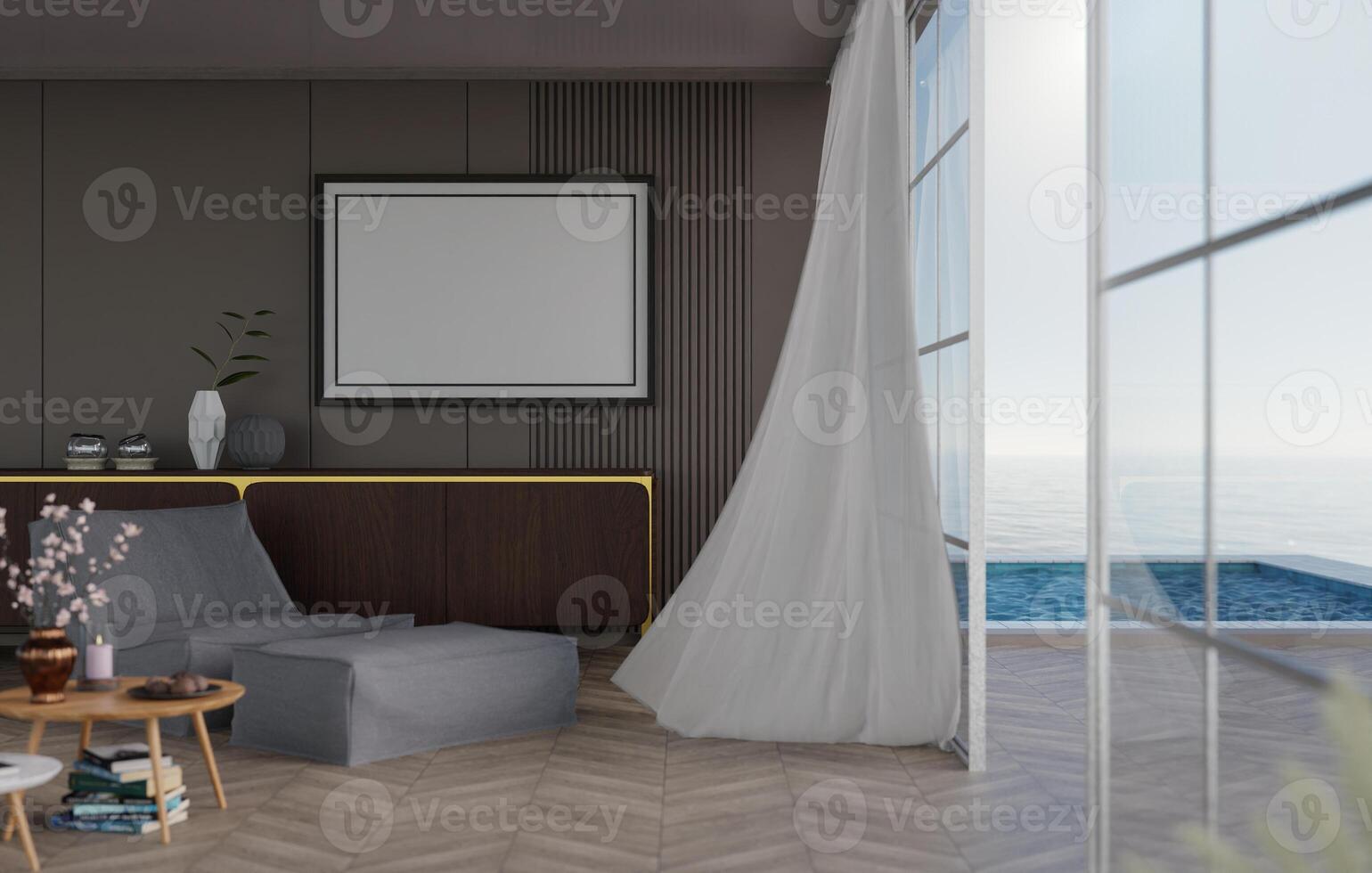 3D mockup blank photo frame in living room rendering