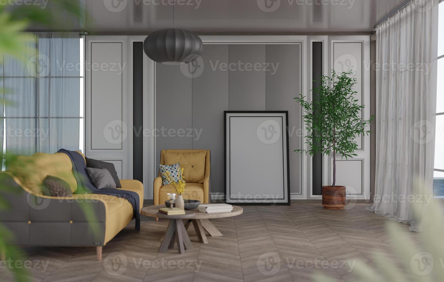 3D mockup blank photo frame in living room rendering