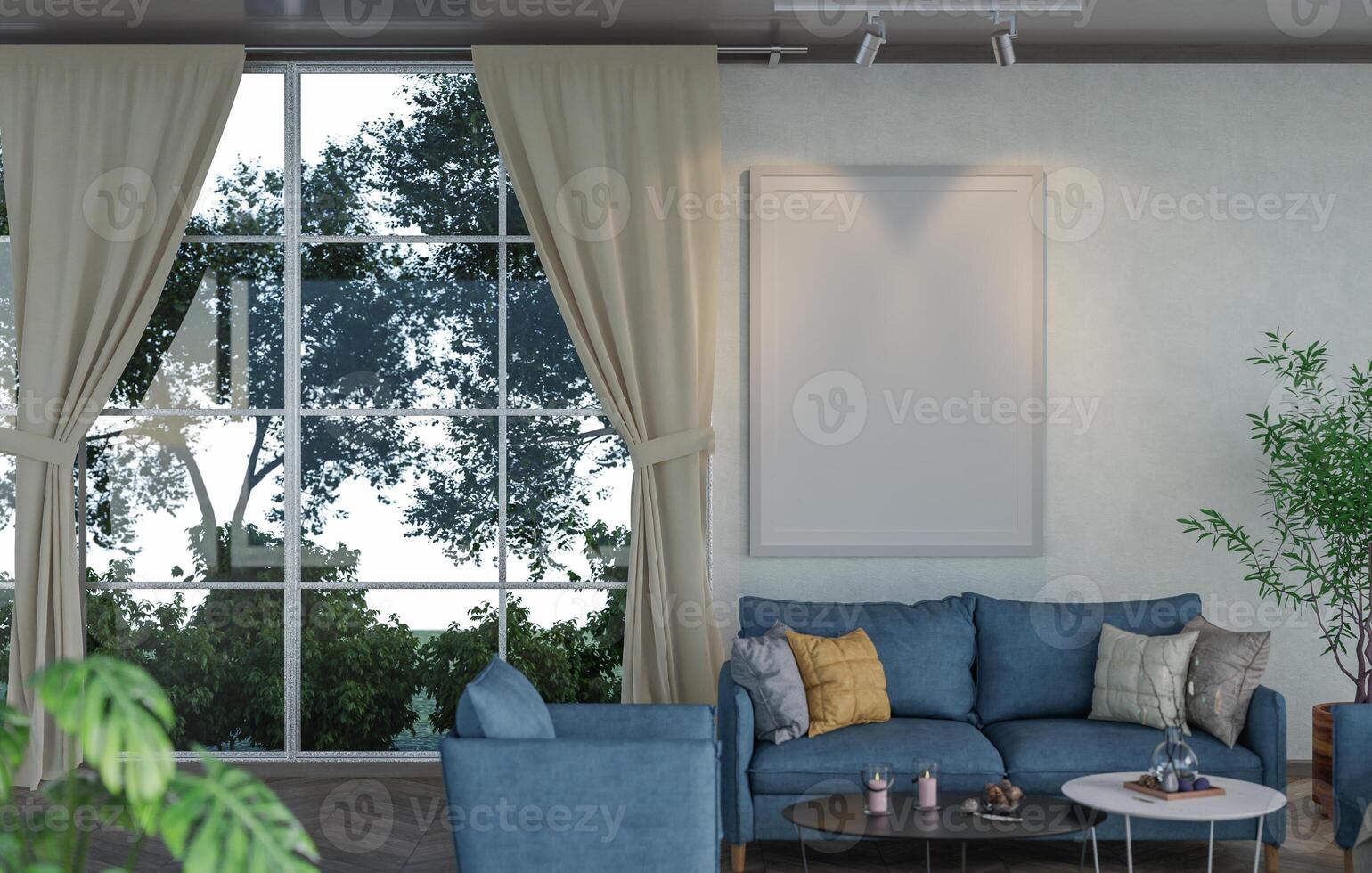 3D mockup blank photo frame in living room rendering
