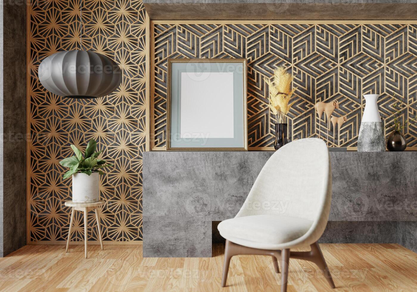 3D mockup blank photo frame in living room rendering