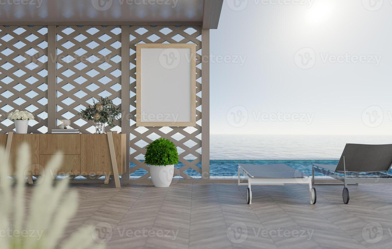 3D mockup blank photo frame in living room rendering