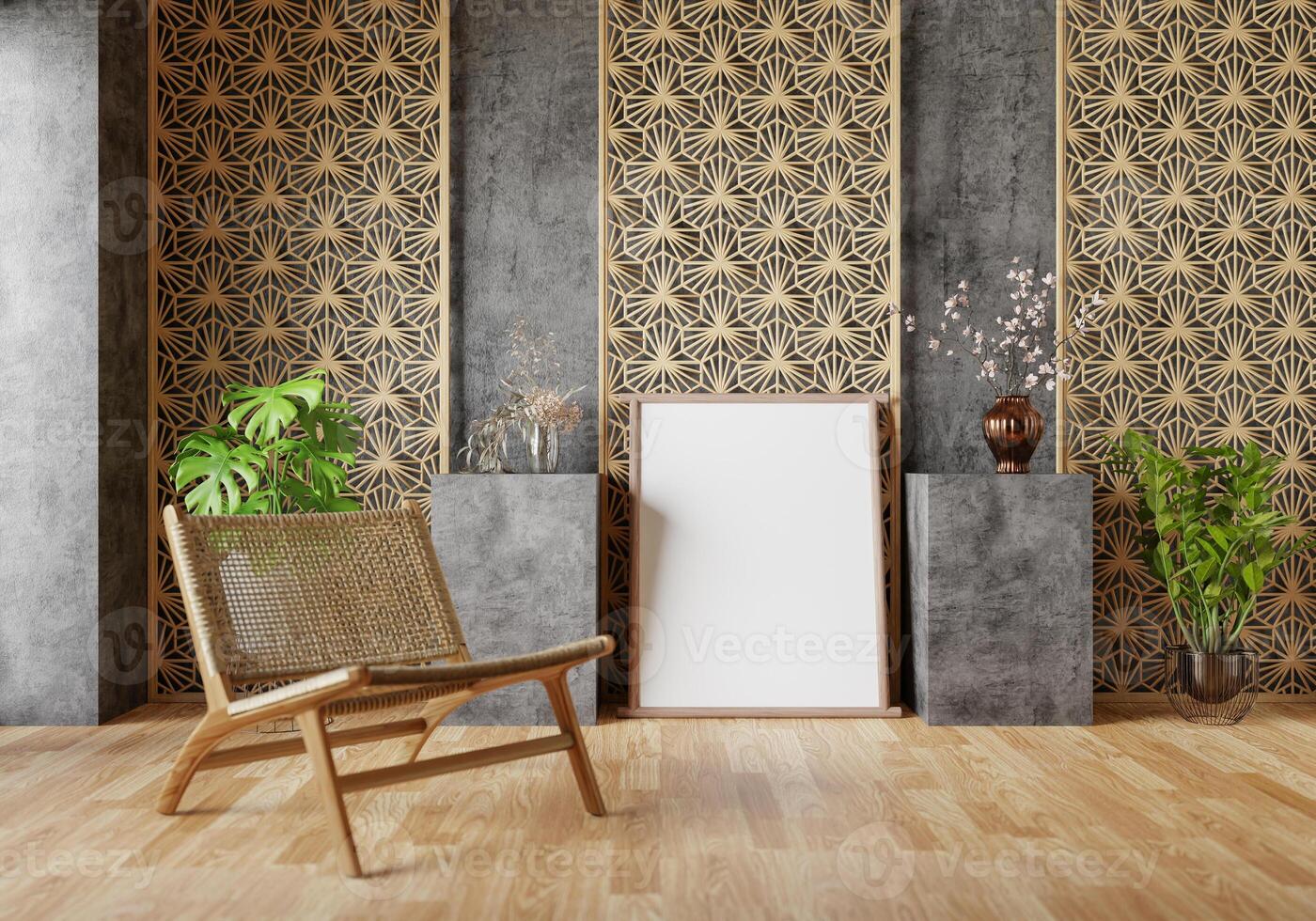 3D mockup blank photo frame in living room rendering