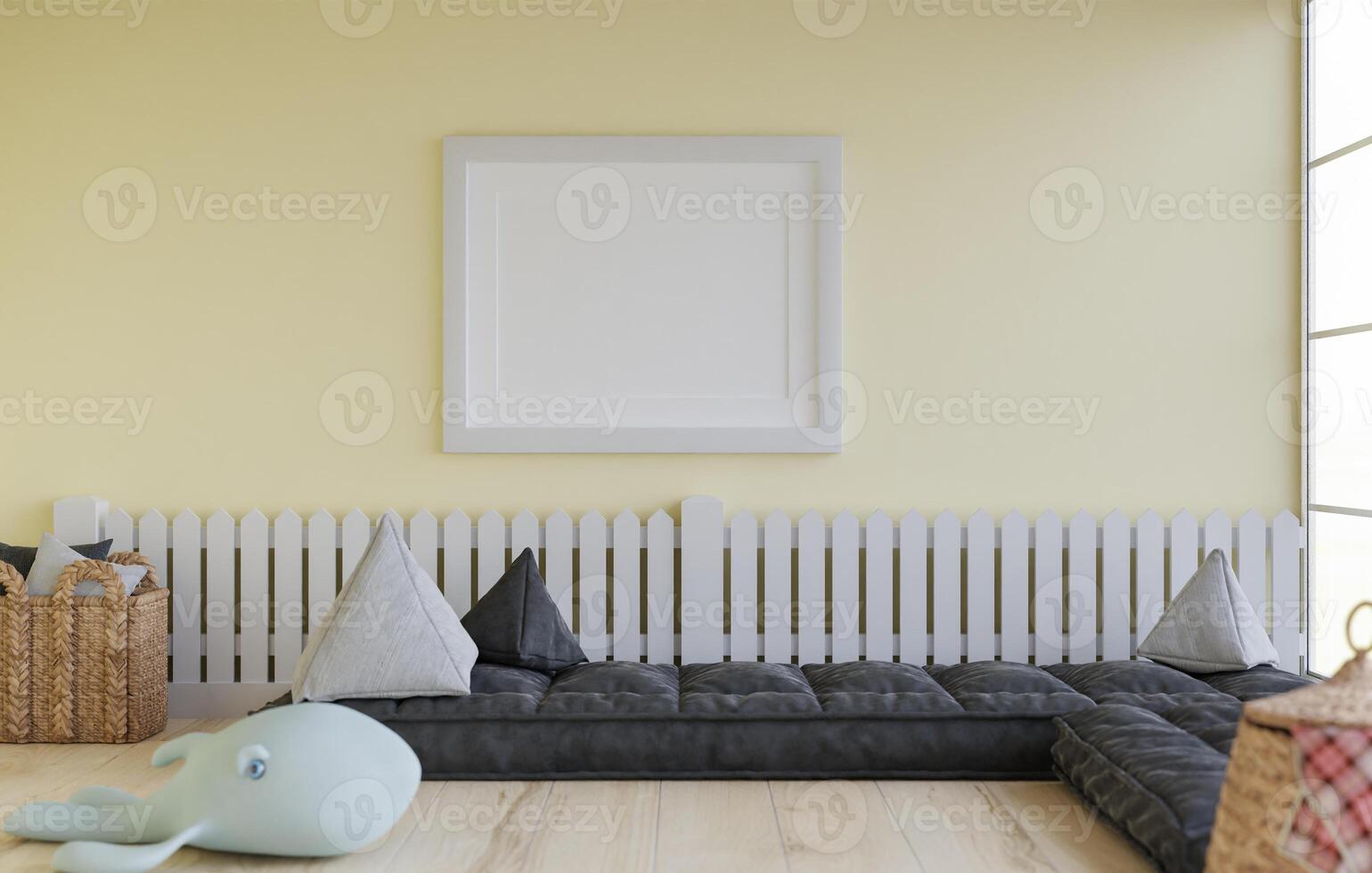 3D mockup blank photo frame in chirldren room rendering