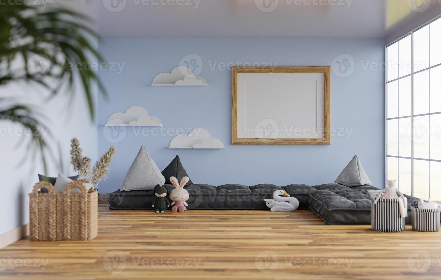 3D mockup blank white board in chirldren room rendering photo