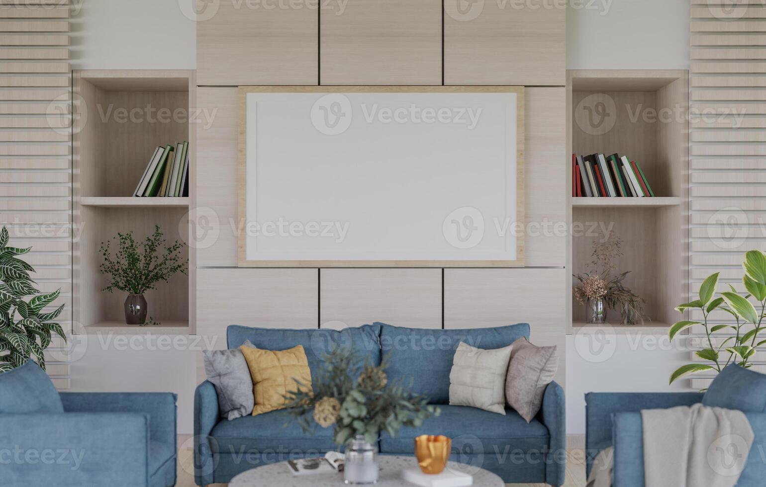 3D mockup blank photo frame in living room rendering