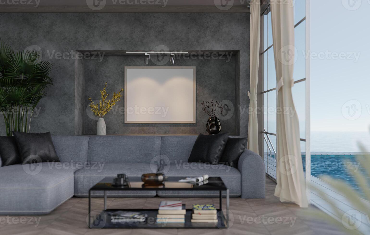 3D mockup blank photo frame in living room rendering