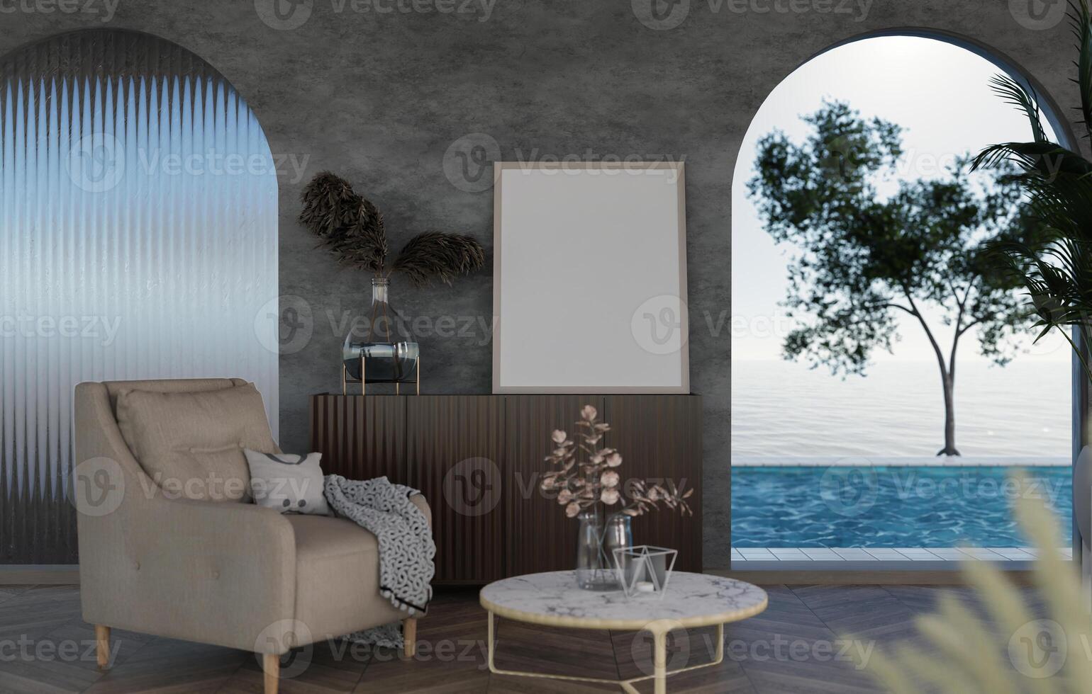 3D mockup blank photo frame in living room rendering