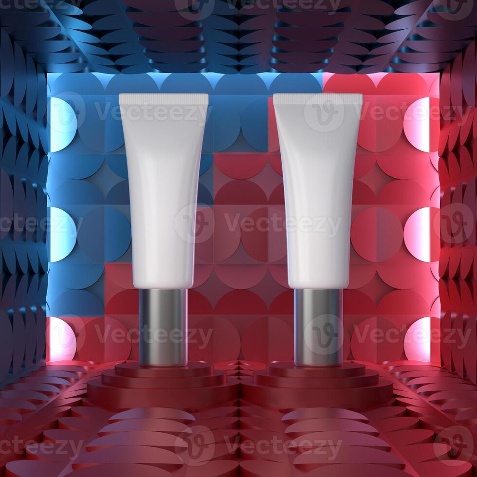 skin care products decorated with patterns on color background photo