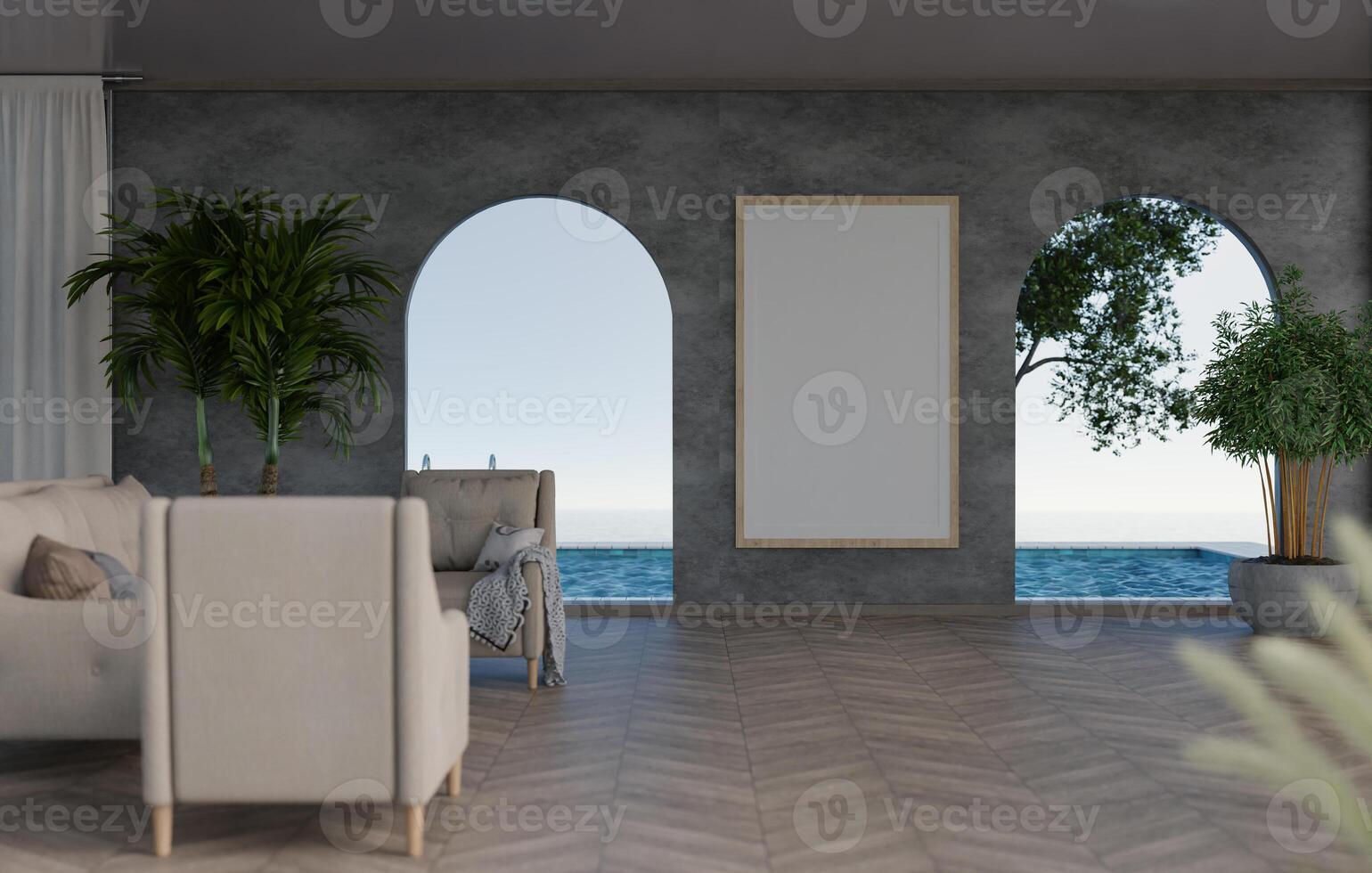 3D mockup blank photo frame in living room rendering