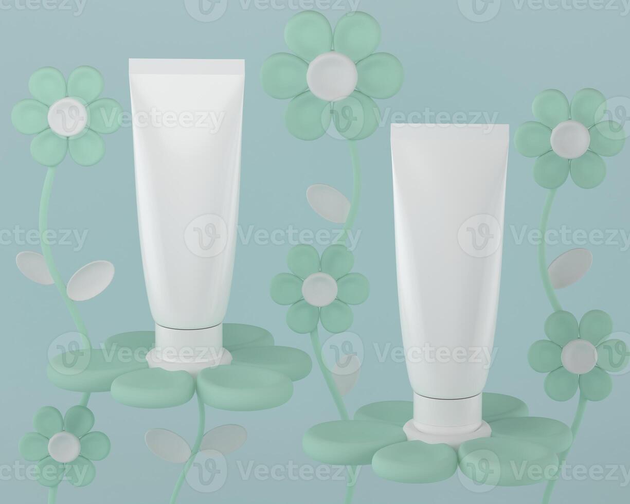 skin care products decorated with patterns on color background photo