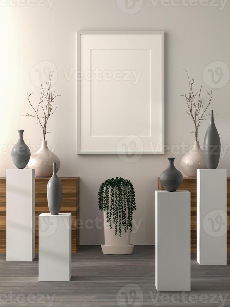 3D illustration mockup blank photo frame in living room rendering