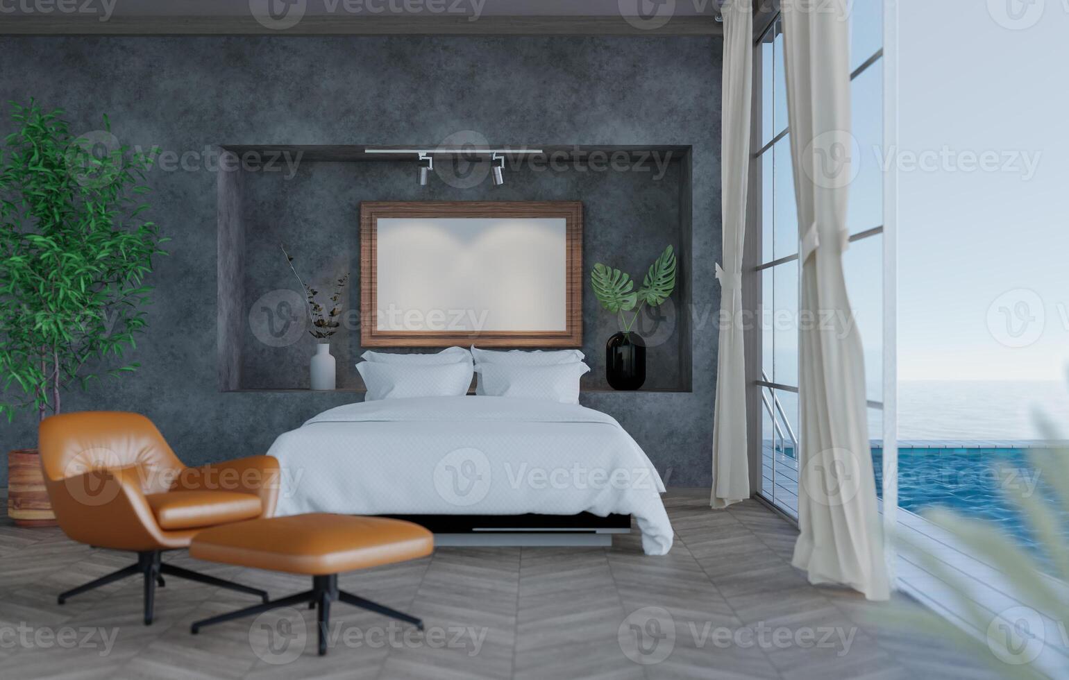 3D mockup blank photo frame in bedroom at pool villa