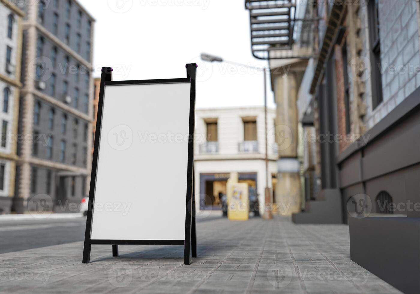 Cartelera en blanco de maqueta 3d en la calle en la representación del centro foto